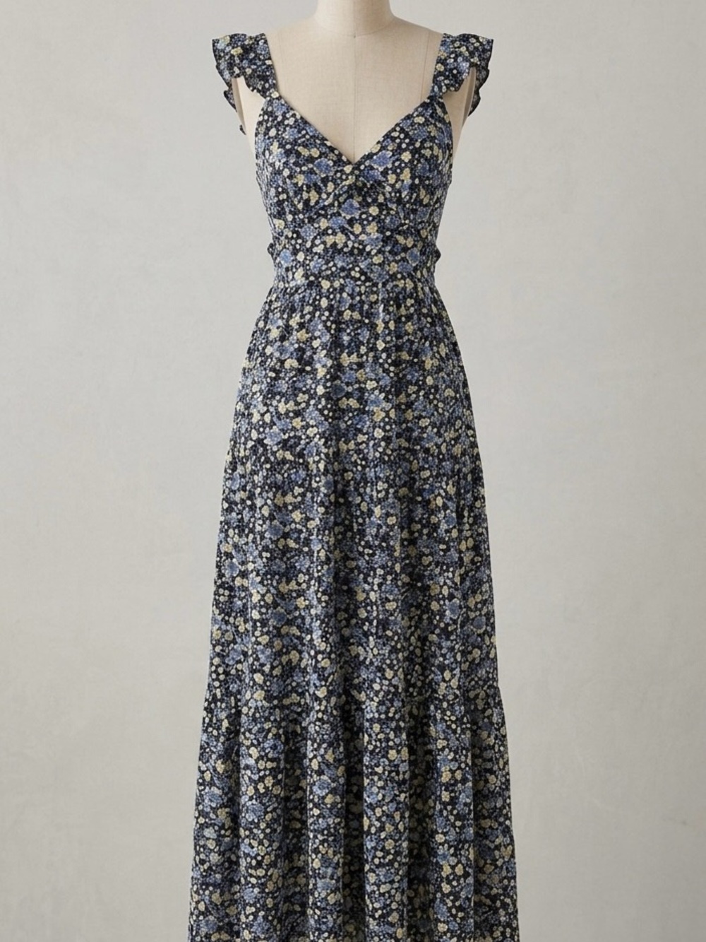Floral Moon River Ruffle Strap Maxi Dress in Navy